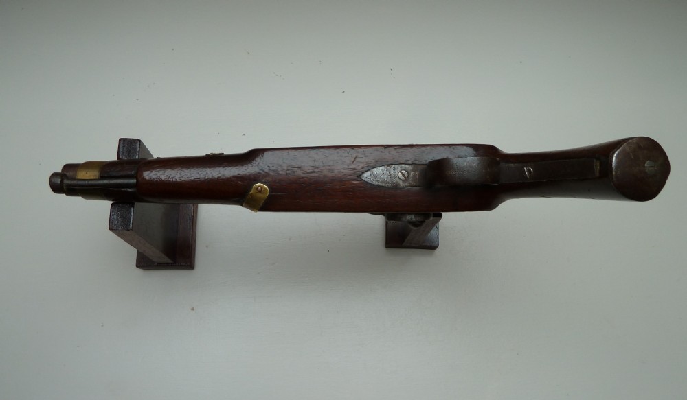 A 19th-century single-barrel percussion cap pistol featuring a dark wood stock, steel lock mechanism, and brass mountings. View IX
