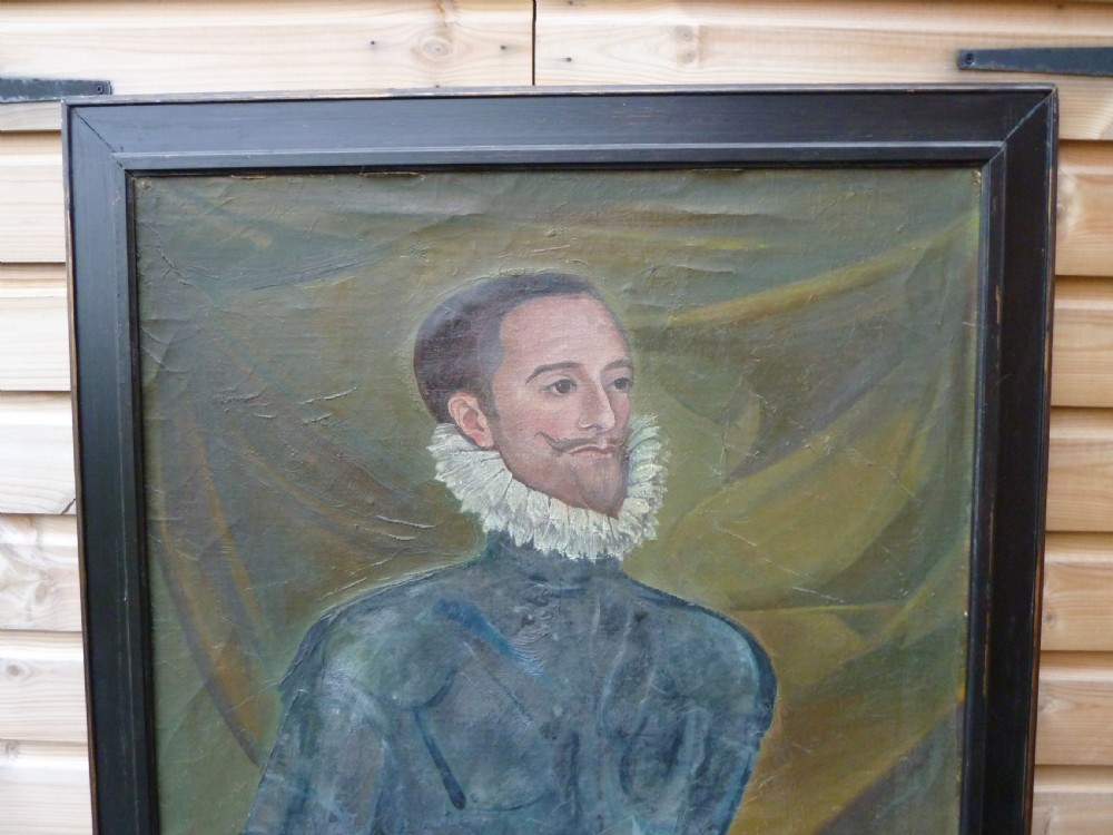 A full-length oil painting depicting an Elizabethan gentleman dressed in steel plate armour with a white ruff collar, housed in a plain black wooden frame. View V