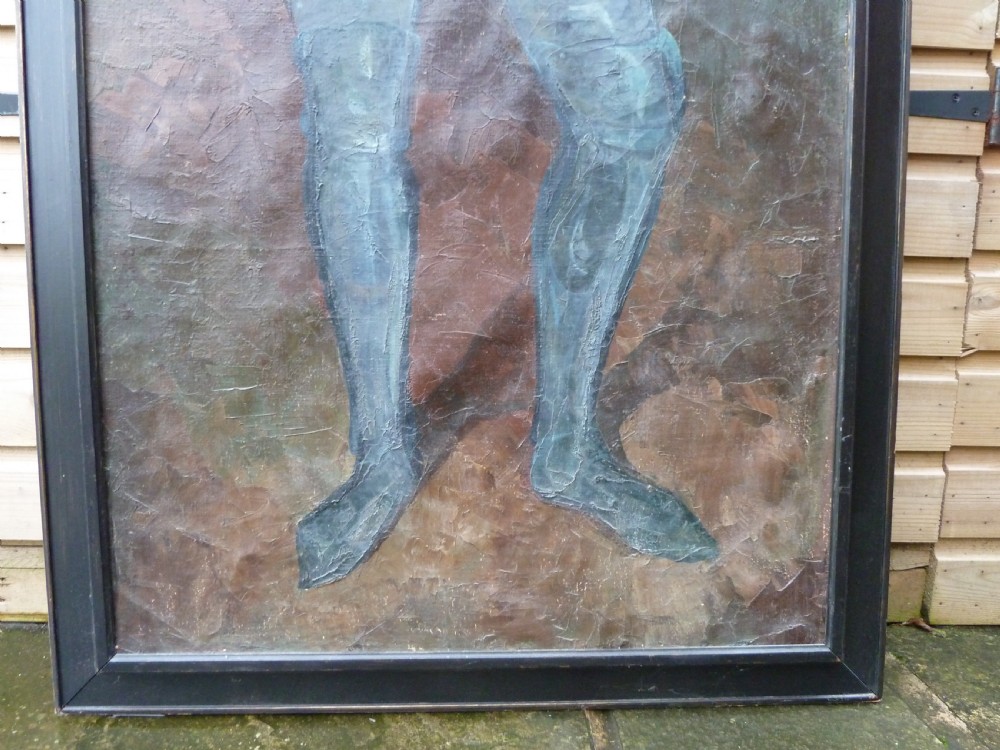 A full-length oil painting depicting an Elizabethan gentleman dressed in steel plate armour with a white ruff collar, housed in a plain black wooden frame. View VI
