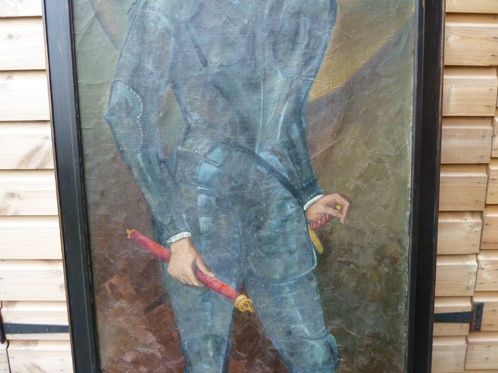 A full-length oil painting depicting an Elizabethan gentleman dressed in steel plate armour with a white ruff collar, housed in a plain black wooden frame. View VII