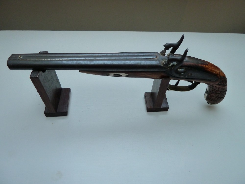 SILVER MOUNTED DOUBLE BARRELLED PERCUSSION PISTOL View II