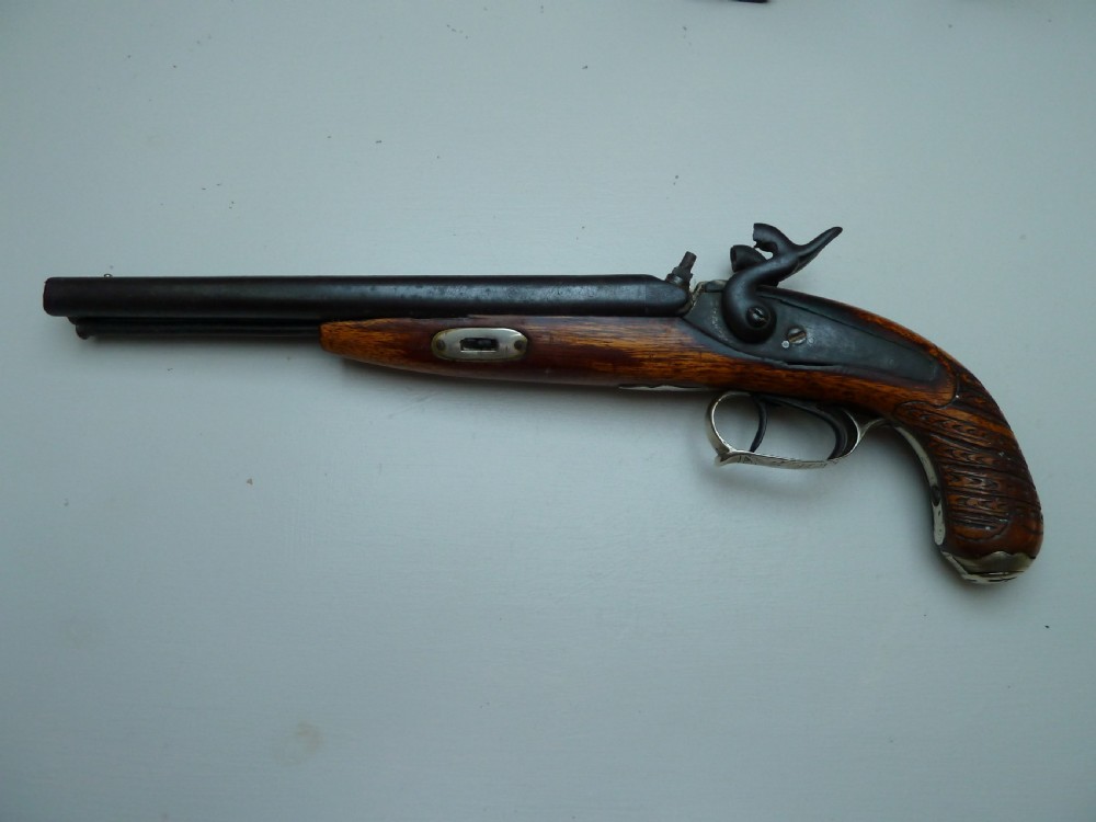 SILVER MOUNTED DOUBLE BARRELLED PERCUSSION PISTOL View IV