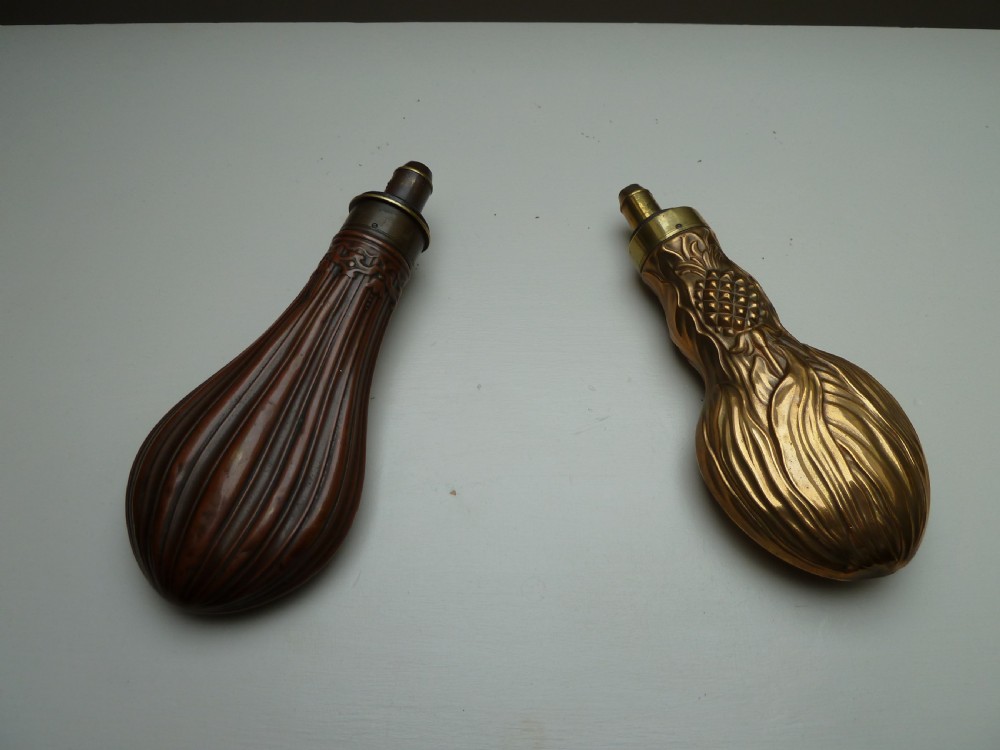 2 19TH CENTURY SHOT OR POWDER MUSKET FLASKS