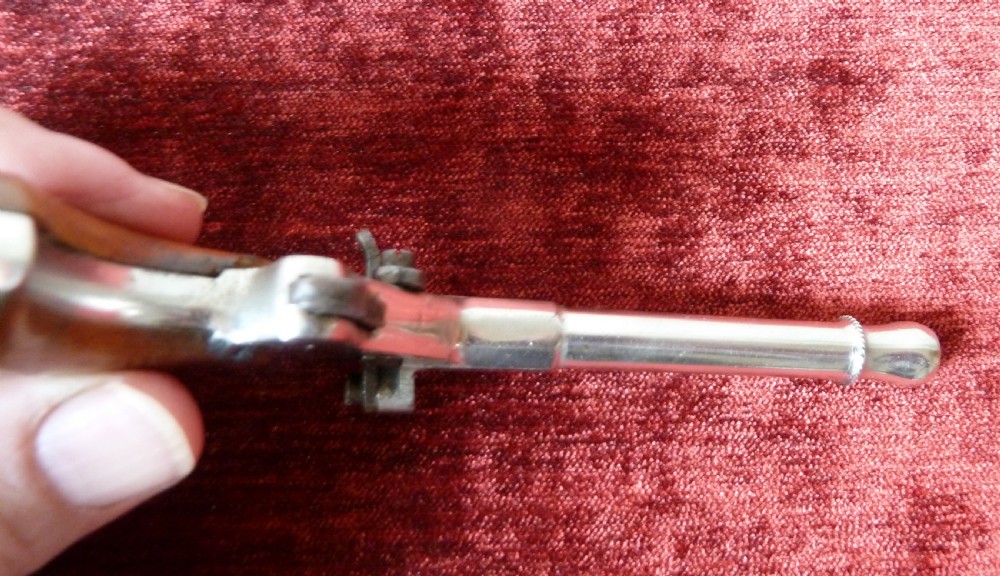 A small 19th-century postmans dog scarer pistol featuring a turned metal barrel, exposed hammer mechanism, and contoured wooden handle. View VIII