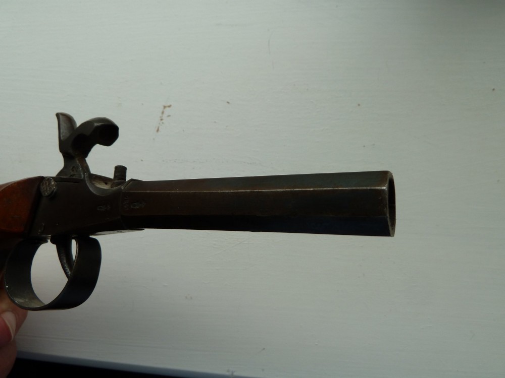 A 19th-century percussion pocket pistol featuring an octagonal steel barrel, iron trigger guard, and smooth curved wooden grip. View VII