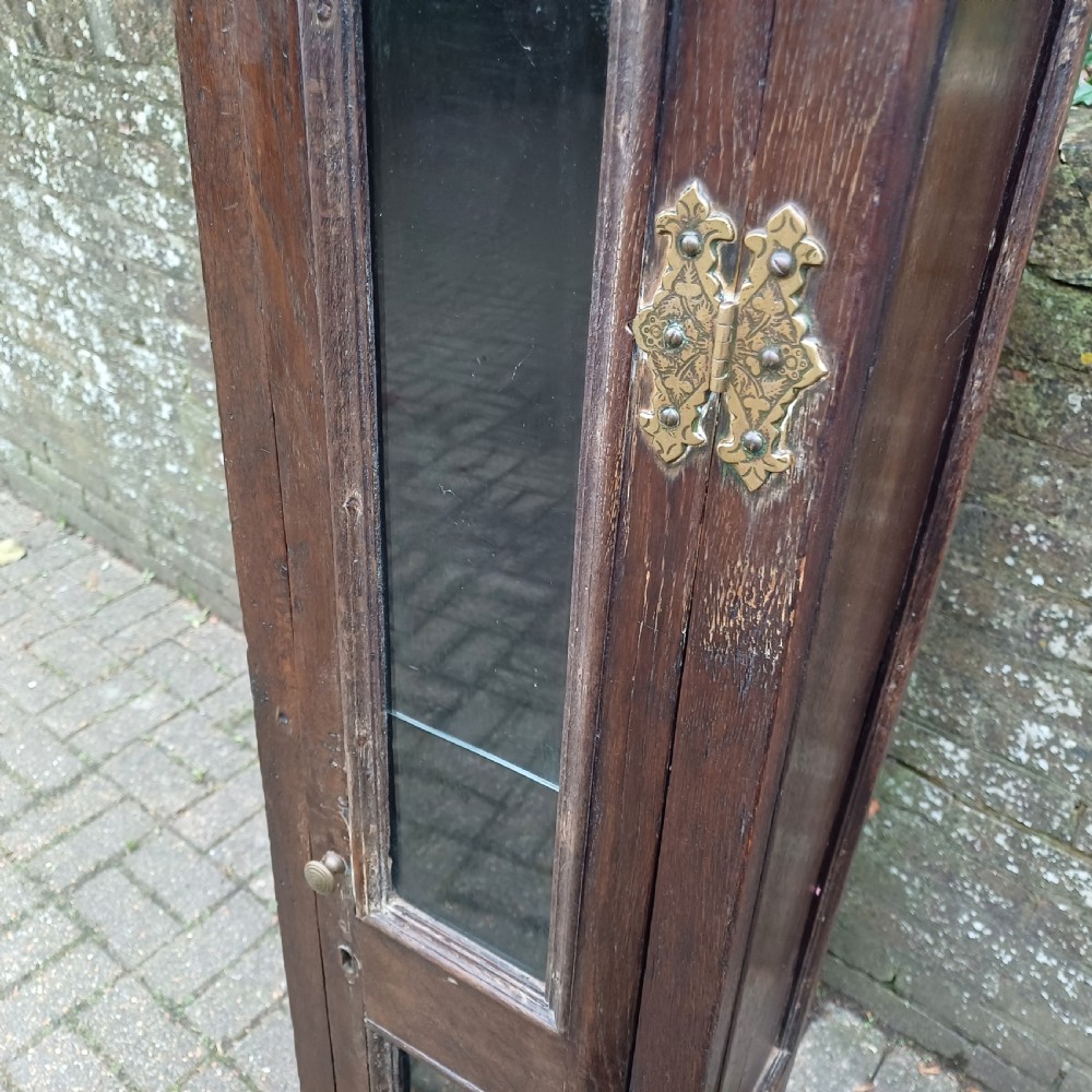A tall, narrow Victorian dark oak gun cupboard featuring two glass panels set into a single front door with decorative brass hinges. View VII