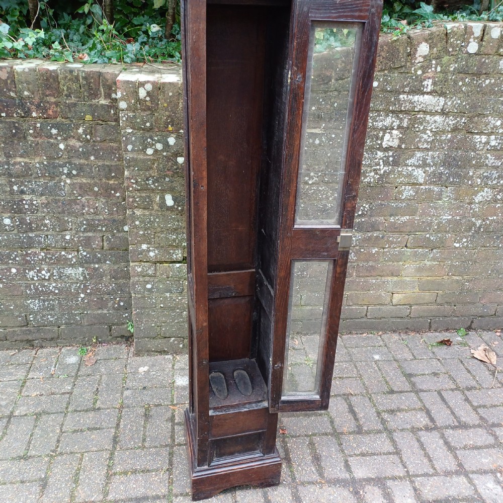 A tall, narrow Victorian dark oak gun cupboard featuring two glass panels set into a single front door with decorative brass hinges. View VIII