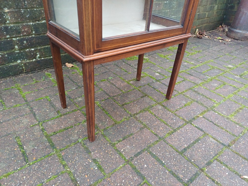 An Edwardian mahogany display cabinet featuring a glazed single door with curved glazing bars, satinwood marquetry inlay, fabric-lined shelves, and tapered square legs. View VII