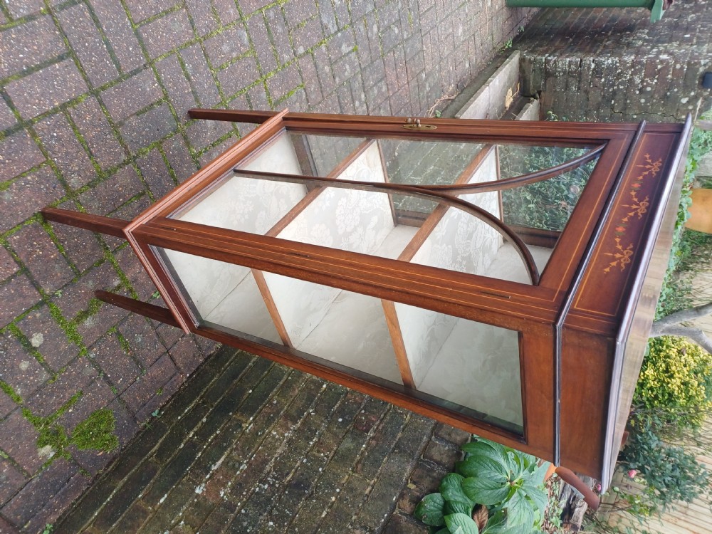 An Edwardian mahogany display cabinet featuring a glazed single door with curved glazing bars, satinwood marquetry inlay, fabric-lined shelves, and tapered square legs. View IX