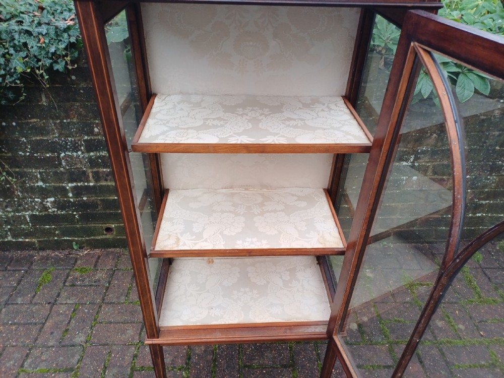 An Edwardian mahogany display cabinet featuring a glazed single door with curved glazing bars, satinwood marquetry inlay, fabric-lined shelves, and tapered square legs. View X
