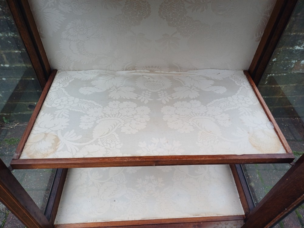 An Edwardian mahogany display cabinet featuring a glazed single door with curved glazing bars, satinwood marquetry inlay, fabric-lined shelves, and tapered square legs. View XII