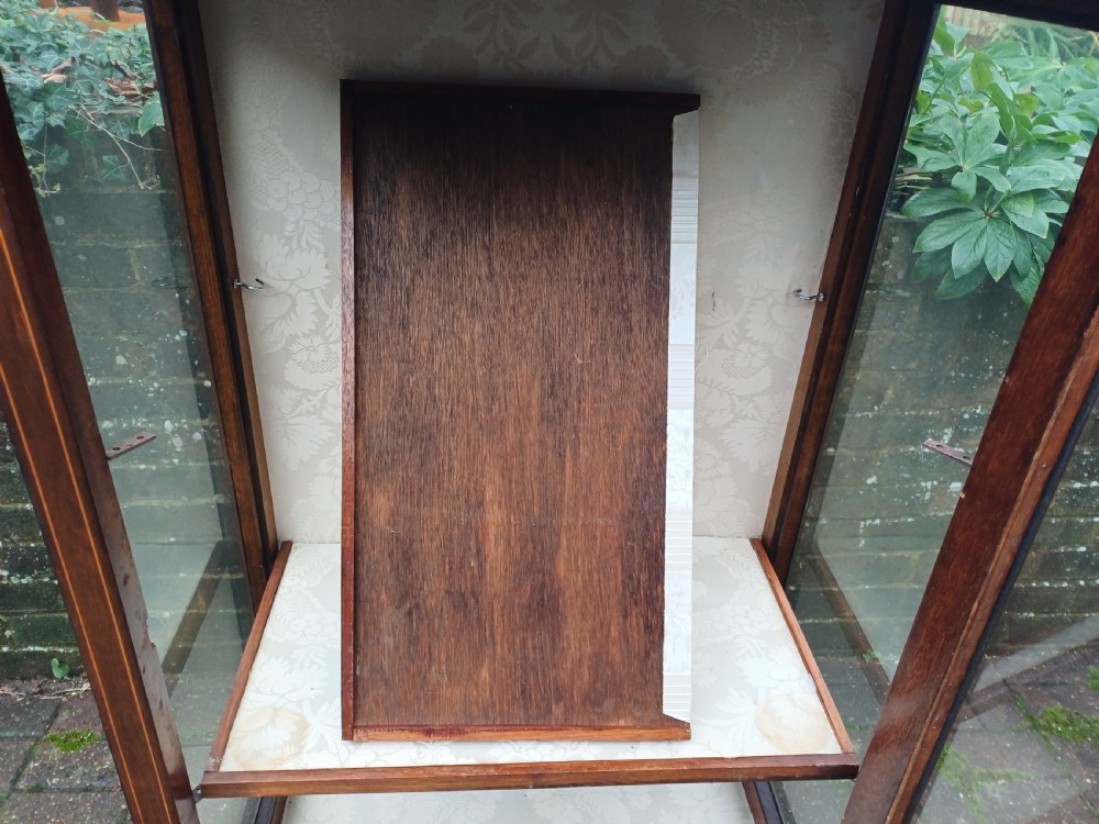 An Edwardian mahogany display cabinet featuring a glazed single door with curved glazing bars, satinwood marquetry inlay, fabric-lined shelves, and tapered square legs. View XIV