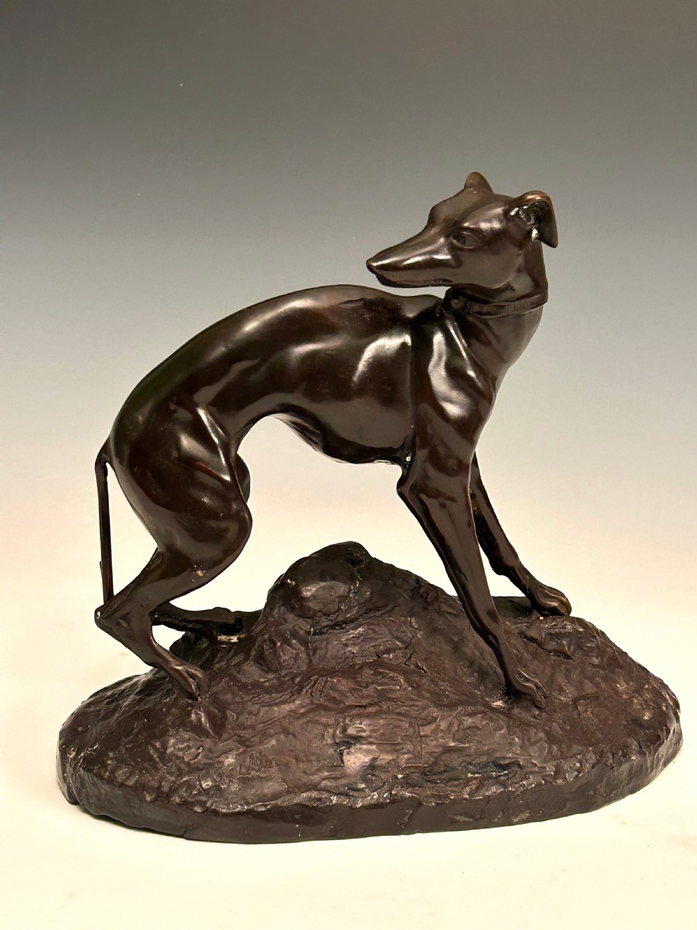 A dark brown patinated bronze sculpture depicting an alert standing greyhound on a textured naturalistic base.
