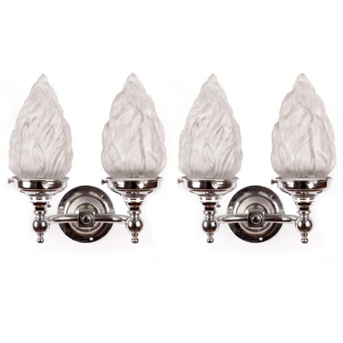 Pair of Art Deco Double Chromium Plated Wall Lights with Flame Shades