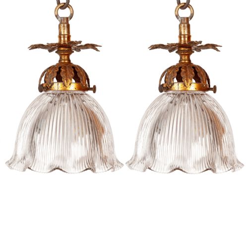 Pair Brass Edwardian Leaf Shaped Ceiling Pendant Lights with Holophane Shades