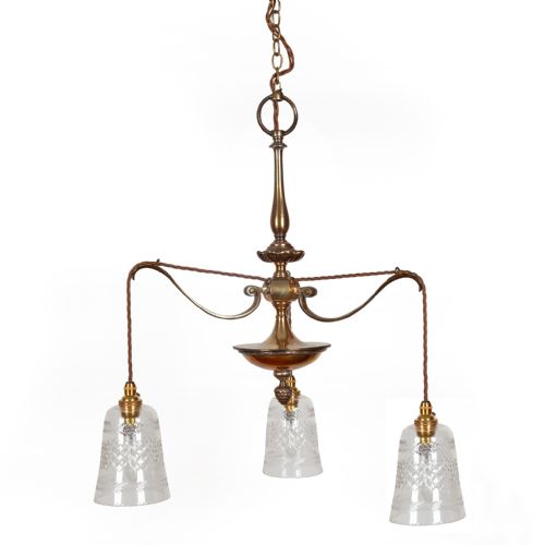 Edwardian Cast Brass Three Light Ceiling Pendant Light with Cut Glass Shades 
