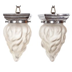 PAIR OF ART DECO CEILING PENDANT LIGHTS WITH FLAMBEAU GLASS SHADES