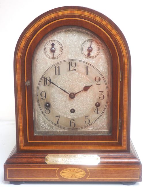 Antique German mahogany 8-Day Mantel Clock Inlaid Musical Bracket Clock by HAC

