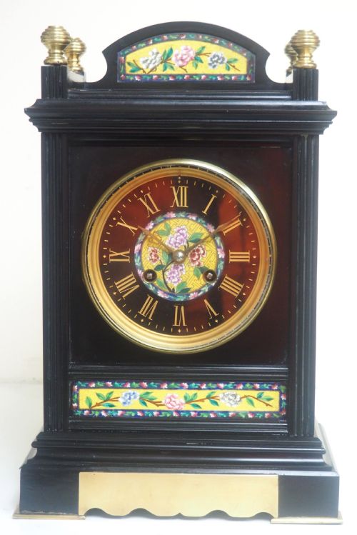 Antique French Slate & Enamel 8-Day Mantel Clock Inlaid Marble Mantle Clock

