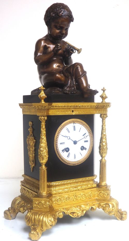 Antique Ormolu Bronze Mantel Clock Trumpet Playing Child Solid Bronze Bell Striking 8-Day Mantle Clock