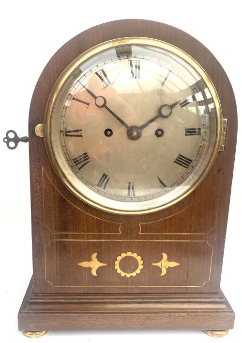 Antique English Twin Fusee Bracket Clock Arched Top Inlaid 8 Day Fusee Striking Mantel Clock
