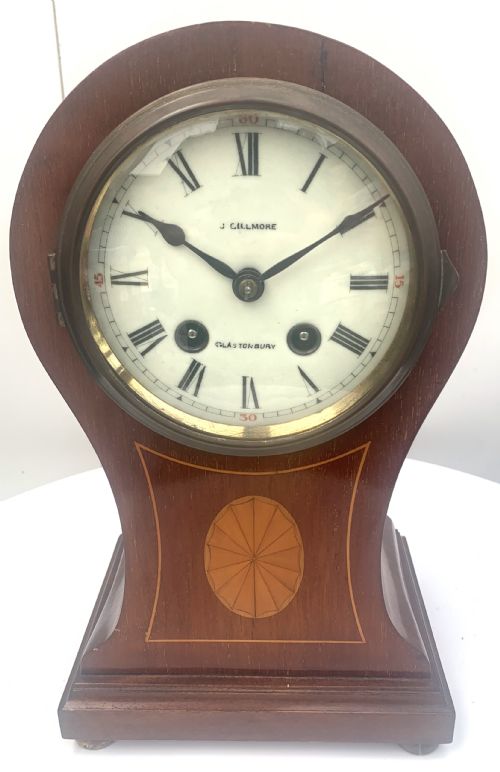 Antique German Mahogany & Satinwood Inlay Balloon Mantel Clock 8 Day Striking Mantle Clock.
