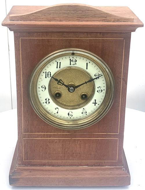 Antique French Mahogany & Satinwood Inlay Cubed Mantel Clock 8 Day Striking Mantle Clock.
