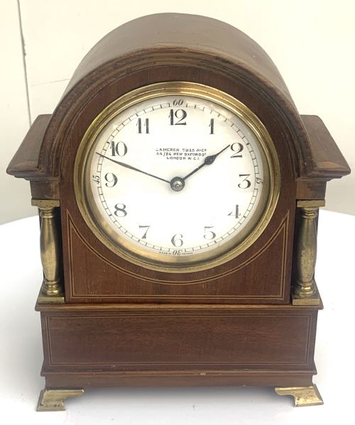 Stunning Mahogany Edwardian Timepiece Clock Arched Tower Shaped Satinwood Inlaid Ormolu Pillars
