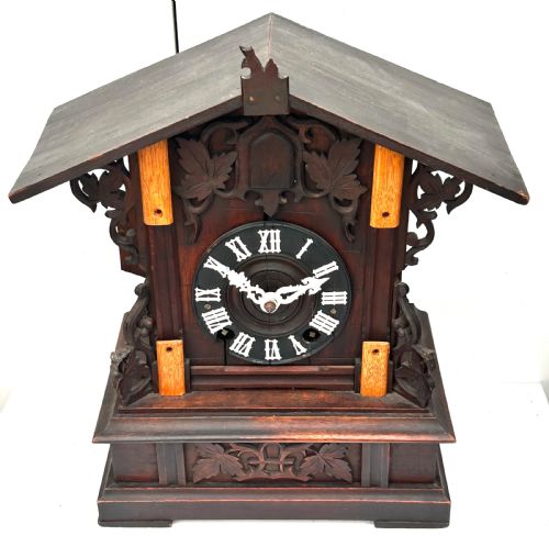 Good Early Cuckoo Mantel Clock – German Black Forest Carved Bracket Clock