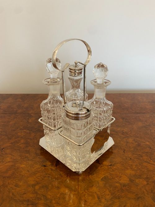 Antique Edwardian Quality Cut Glass & Silver Plated Cruet Set
