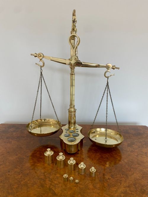 Pair of Antique Victorian Brass Scales & Weights