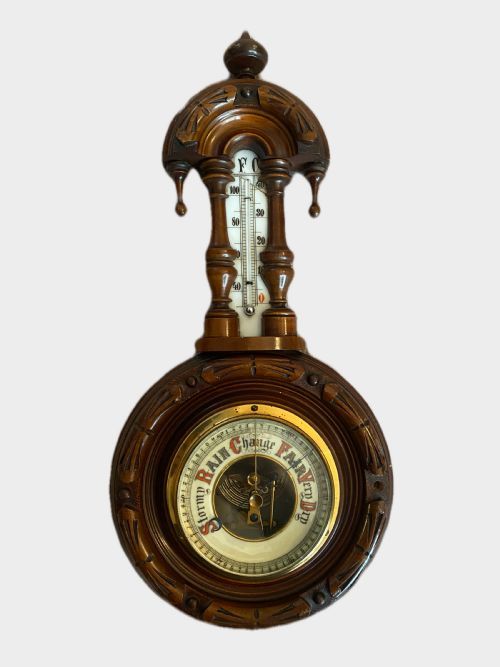 Small Antique Edwardian Quality Carved Walnut Banjo Barometer