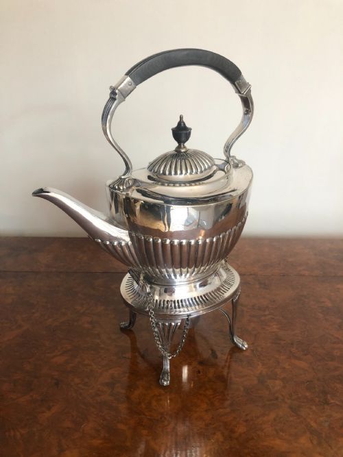 ANTIQUE EDWARDIAN SILVER PLATED SPIRIT KETTLE ON A STAND
