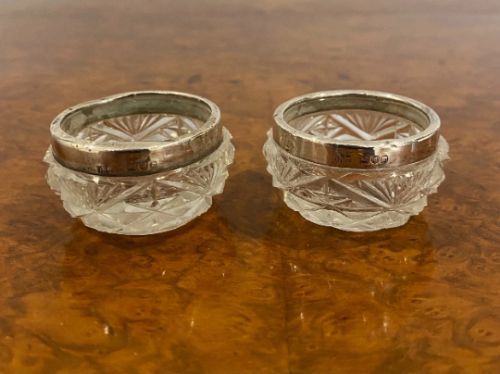 Pair of Quality Antique Edwardian Hall Marked Silver Top Table Salts