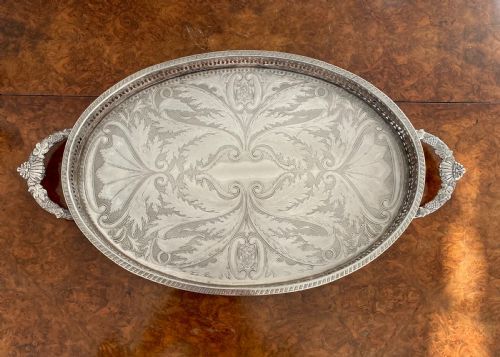 Large Antique Quality Silver Plated Oval Engraved Tea Tray