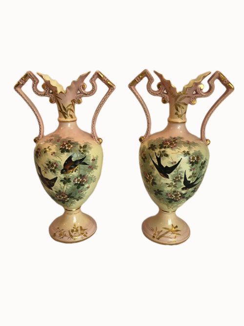 Large Pair of Antique Victorian Hand Painted & Gilded Vases