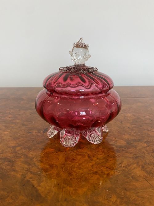 Antique Victorian Quality Cranberry Glass Lidded Bowl