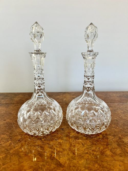 Pair of Antique Edwardian Cut Glass Decanters