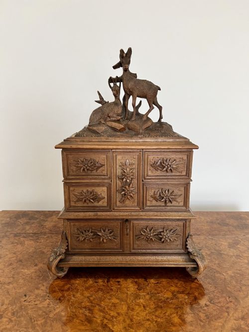 Quality Large Black Forest Carved Walnut Swiss Jewellery Table Cabinet