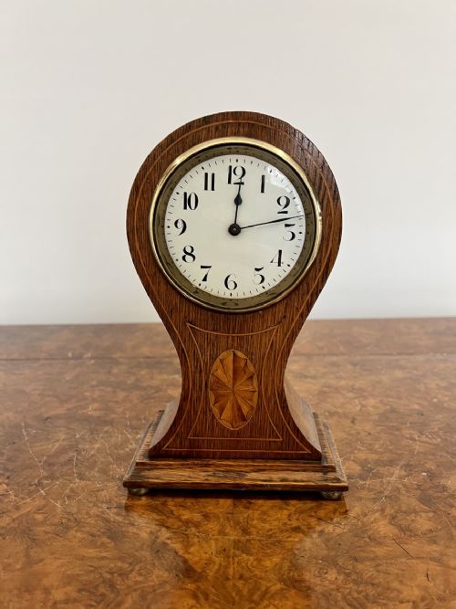 Antique Edwardian Quality Oak and Fan Marquetry Inlaid Balloon Shaped Mantle Clock