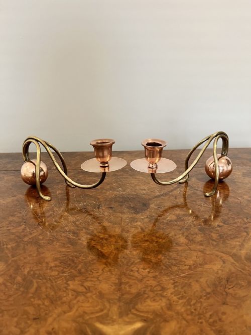 Unusual Pair of Antique Art Nouveau Brass and Copper Candlesticks