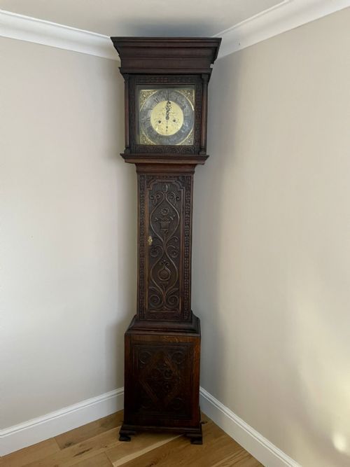 Quality Antique George III Carved Oak Brass Face Longcase Clock