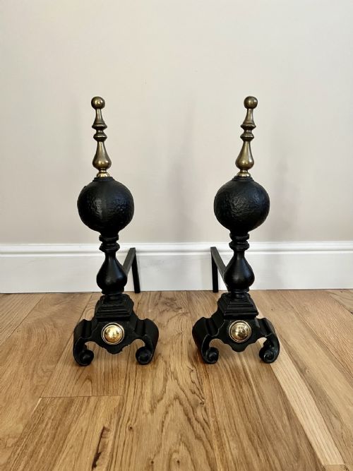 Large Pair of Antique George III Brass and Iron Fire Dogs