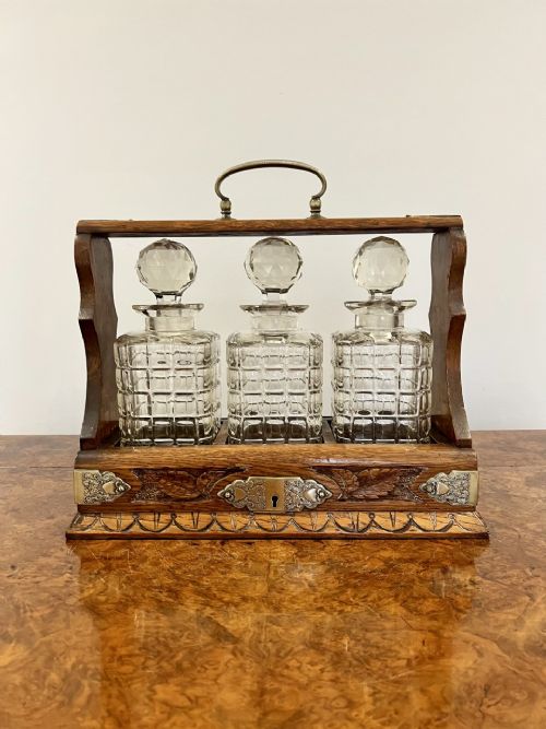 Quality Antique Victorian Carved Oak Tantalus with Engraved Brass Mounts