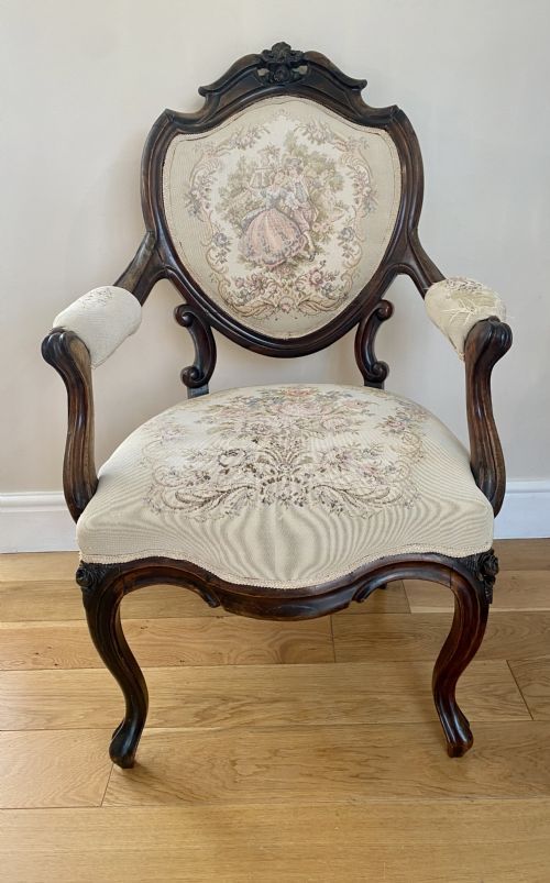 Antique Quality Victorian French Carved Walnut Armchair