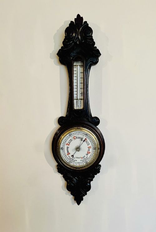 Quality Antique Edwardian Carved Oak Barometer