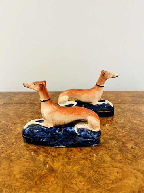 Quality Pair of Antique Victorian Staffordshire Greyhound Inkwells