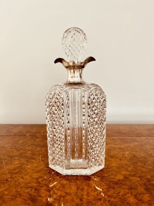 Antique Edwardian Quality Cut Glass Decanter with a Silver Collar