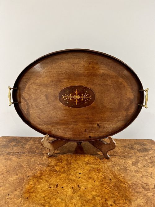 Antique Edwardian Quality Mahogany Inlaid Oval Tea Tray