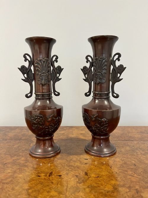 Quality Pair of Antique Japanese Twin Handle Bronze Vases